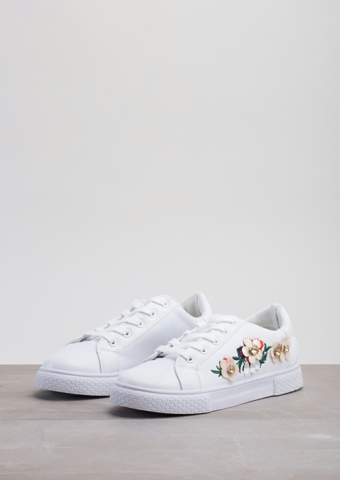 Flower Embroidered With Diamante Trainers White